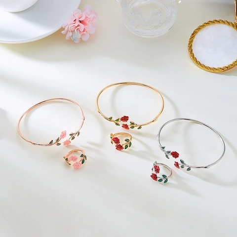 Rosenblüte Armreif Und Ring Legierung Emaille Floral Verstellbar Offener Schmuck Für Frauen Romantisch