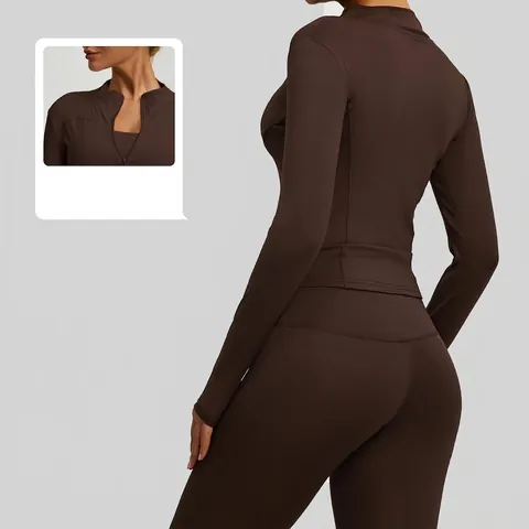 Women Slim Fit Yoga Jacket Stand Collar Full Zip Long Sleeve Workout Top With Thumb Holes Polyester Elastane