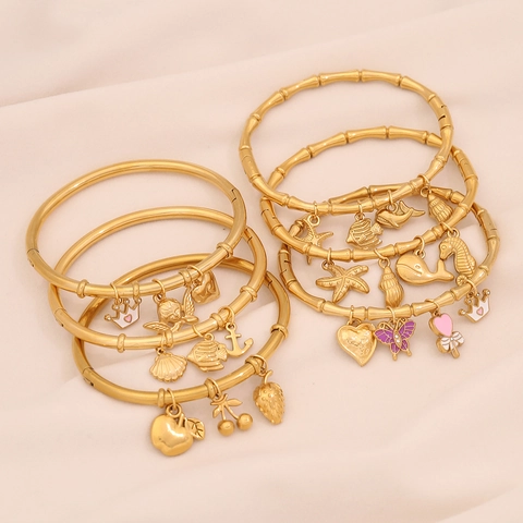 Gold Plated Stainless Steel Bangle Charm Bracelets With Ocean Sea Animal Butterfly Fruit Pendants For Women Girls