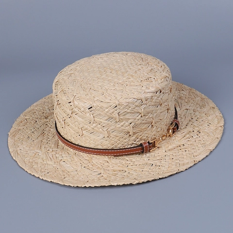 Cappello Boater In Rafia Intrecciato A Mano Tesa Larga Protezione Solare Estate Spiaggia Cinturino In Pelle Fibbia Metallo