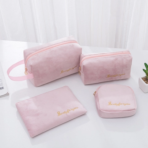 Velvet Makeup Bag Portable Cosmetic Pouch Large Capacity Travel Toiletry Storage Organizer With Gold Embroidery For Women
