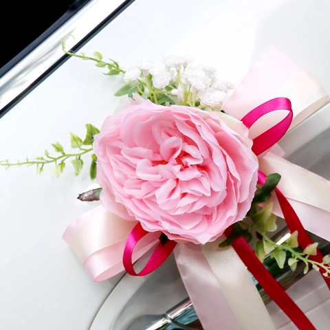 Artificial Rose Flower Wedding Car Decoration Ribbons For Rearview Mirror Door Handle Romantic Elegant Marriage Party Decor
