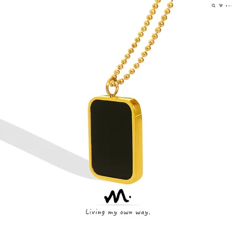 Collana Pendente Rettangolo Geometrico Minimalista Retrò Acciaio Inossidabile Placcato Oro 18K Conchiglia Nera Catena A Sfere