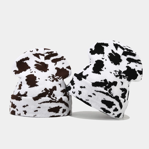 Berretto In Maglia Beanie Motivo Mucca Leopardo Inverno Caldo Acrilico Spesso Con Risvolto Per Donna Uomo Moda Animale