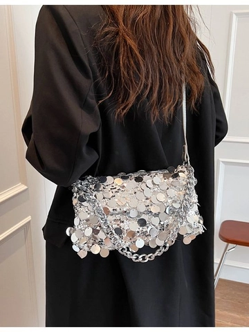 Elegant Sequin Evening Handbag With Metal Chain Shoulder Strap Trendy Glitter Crossbody Bag For Women Party Wedding Dinner