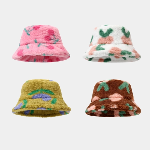 Gorro De Pescador De Felpa Para Mujer Invierno Piel Sintética Cálido Estampado Floral Cereza Cortavientos Suave Dulce