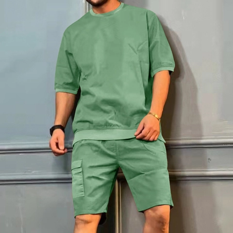 Men T-Shirt And Cargo Shorts Summer Short Sleeve Round Neck Polyester Casual Loose Fit Multiple Pockets