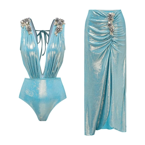 Dames Diepe V-hals Badpak uit één stuk Metallic Monokini Met 3D Bloemen Kunstparel Strass Decor Strand Sarong Set