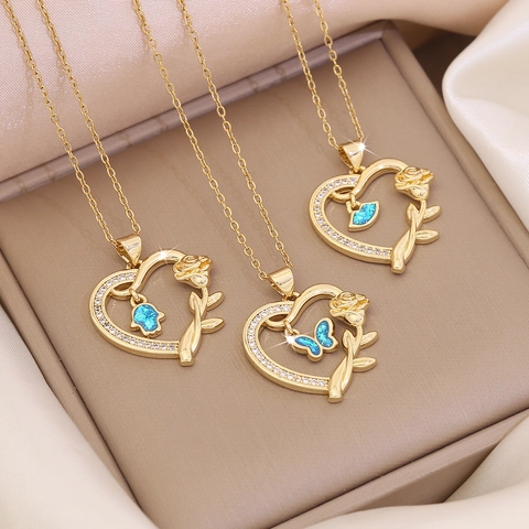 Mode Herz Rose Anhänger Halskette Kupfer Edelstahl Zirkon Eingelegt Schmetterling Hamsa Hand Schmuck Elegante Frauen Schlüsselbeinkette