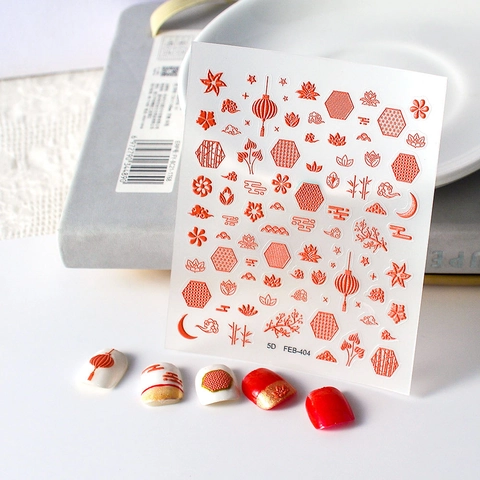 Pegatinas De Uñas Con Relieve 5D Estereoscópicas Estilo Boda Chino Rojo Oro Linterna Nube Flor De Ciruelo Calcomanías De Manicura Para Mujeres