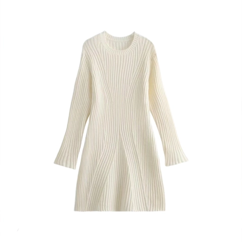 Vestido Midi De Punto Acanalado De Manga Larga Cuello Redondo Corte Ajustado Línea A Color Sólido Casual Elegante Para Mujer