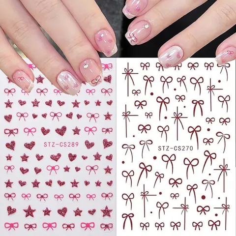 Adesivi Per Unghie Glitter 3D Adesivi Stile Francese Fiocco Cuore Stella Motivi Decorazione Manicure DIY Donne