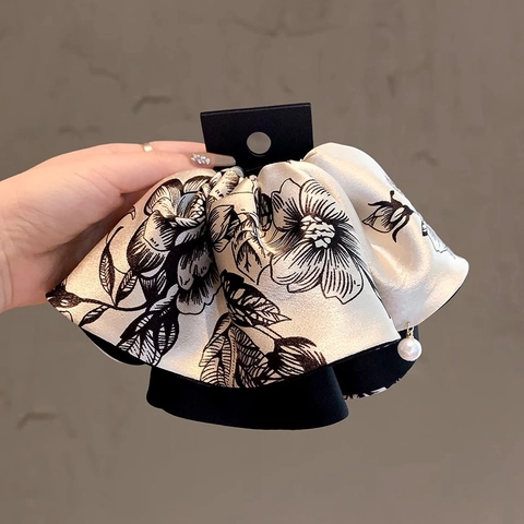 Pinza De Pelo Para Coleta De Satén Floral Retro Francés Pinza De Tiburón Elegante Grande Con Perla Artificial Para Mujeres