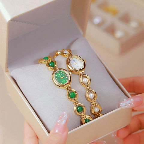 Elegant Women Quartz Bracelet Watch Alloy Oval Dial Artificial Pearl Green Gemstone Rhinestone Fashion Jewelry Wristwatch