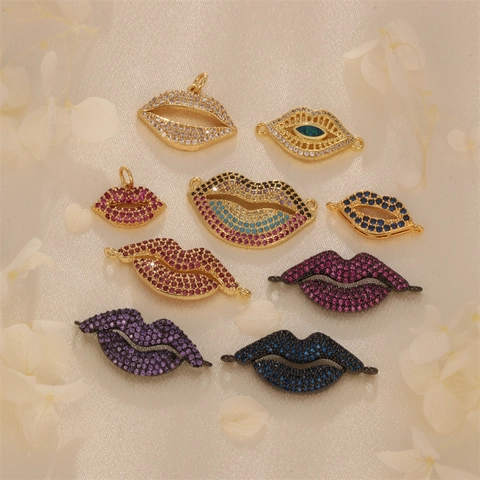 Lip Shape Charms Copper Gold Plated With Colorful Zircon DIY Jewelry Making Connectors For Bracelet Necklace