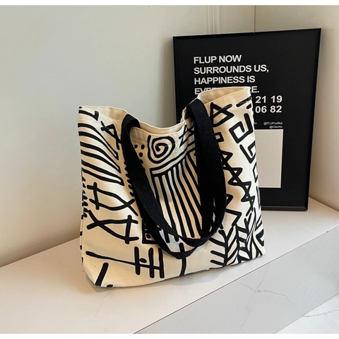 Damen Canvas Tote Bag Abstrakte Geometrische Graffiti Druck Große Kapazität Schulter Handtasche Reißverschluss Alltag