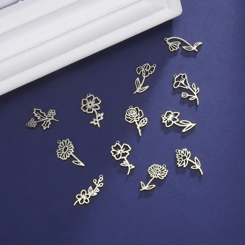 Geburtsblumen Anhänger 18K Vergoldet Edelstahl Hohl Blumen Charms Für DIY Schmuckherstellung Halsketten
