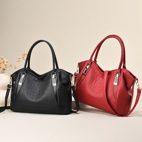 Handbag For Women Crocodile Pattern PU Leather Large Capacity Tote Bag Detachable Shoulder Strap Gold Hardware Elegant