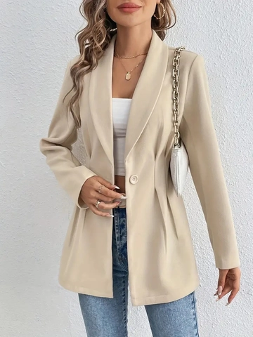 Women Blazer Jacket Elegant Fashion Long Sleeve Notched Lapel Single Button Slim Fit Waist Pleated Detail Outerwear