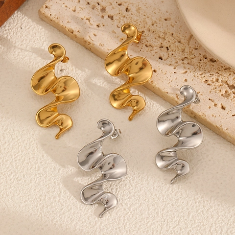 Stainless Steel Irregular Wave Earrings Minimalist Crinkle Liquid Metal Style Women Jewelry