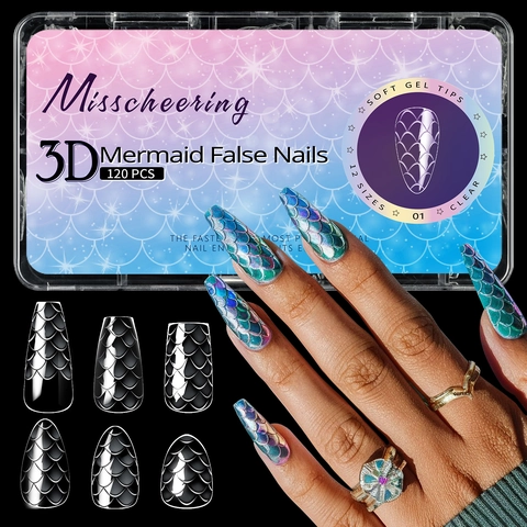 3D Mermaid Fischschuppen Falsche Nägel Soft Gel Full Cover Lange Coffin Press On Nails Iridescent Maniküre Für Frauen