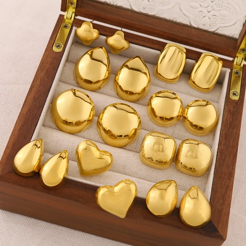 Stainless Steel Geometric Stud Earrings 18K Gold PVD Plated Water Drop Heart Square Chunky Minimalist Earrings For Women