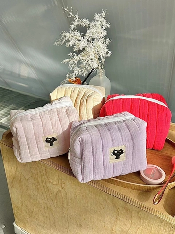 Trousse De Toilette En Coton Matelassé Sac À Maquillage Portable Avec Écusson Chat Grande Capacité Organisateur Zippé Style Japonais