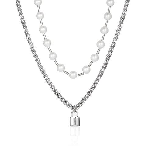 Collana Multistrato Alla Moda In Acciaio Inossidabile Catena A Chiglia Con Pendente A Lucchetto Piccolo E Künstliche Perle Bianche