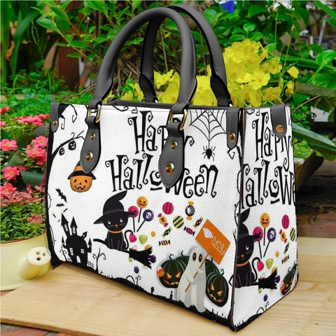 Bolso De Mano De Halloween Para Mujer Bolso Tote De Cuero PU Estampado Happy Halloween Bruja Fantasma Calabaza Accesorio