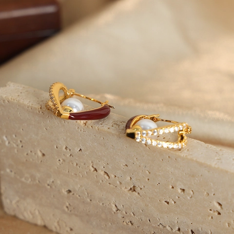 Boucles d'Oreilles Cœur en Cuivre Style Cour Française Vintage Avec Perle Artificielle Strass Émail Accessoires Femme Bijoux