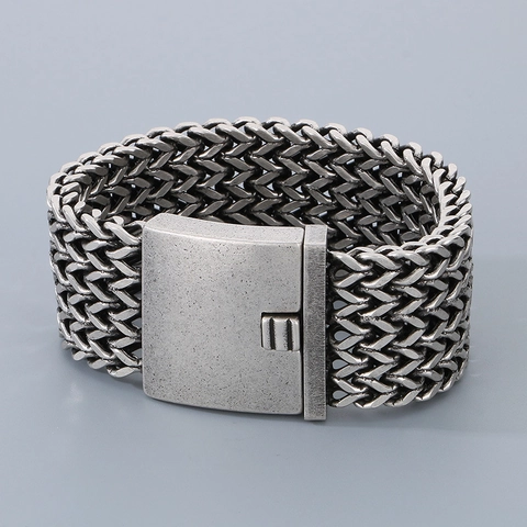 Pulsera De Cadena De Malla Ancha Para Hombre Acero Inoxidable Retro Hebilla Cuadrada Pesada Joyería Vintage