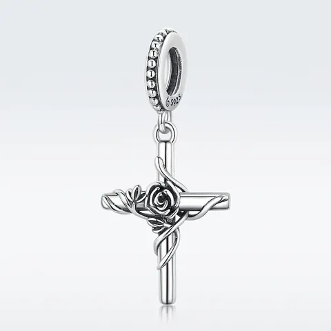 Charm Croix Rose Argent Sterling 925 Vintage Oxydé Fleur Vigne Pendentif Bijoux Religieux Pour Femmes