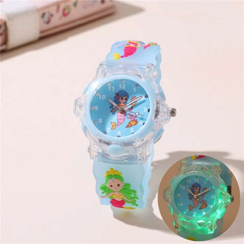 Kinder Analog Uhr Cartoon Meerjungfrau Leuchtende LED Silikon Armband Transparentes Gehäuse Quarz Armbanduhr Für Schüler