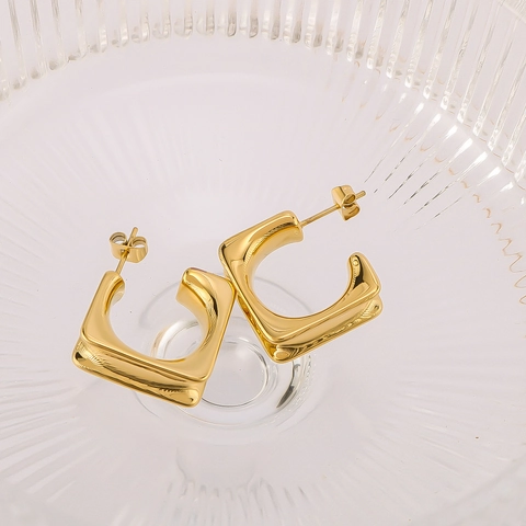 Geometric Square Hoop Stud Earrings 18K Gold Plated Stainless Steel Hollow C Shaped Minimalist Jewelry For Women