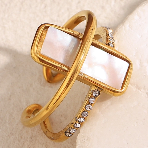 Lagiger Offener Ring Edelstahl 18K Vergoldet Weißes Perlmutt Zirkonia Geometrisch Verstellbar Für Damen