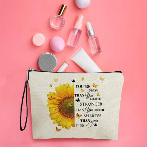 Sunflower Makeup Bag Linen Zipper Cosmetic Pouch With Wrist Strap Travel Toiletry Organizer For Women Butterfly Print