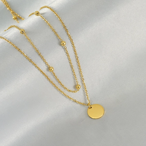 Minimalistische Doppellagige Halskette Edelstahl 18K Vergoldet Runder Scheibenanhänger Kleine Perlen Vintage Stil Schmuck Für Damen