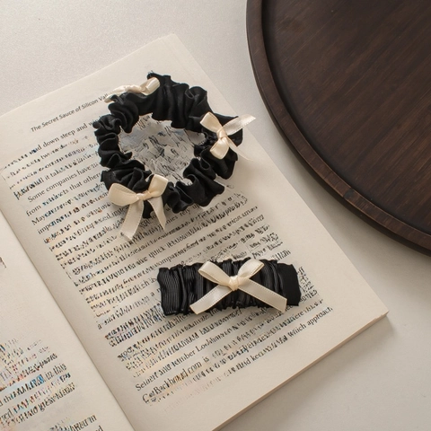 Mollette Per Capelli E Elastici Stile Lolita Giapponese Dolce Vintage Tessuto Plicsettato Fiocco Di Raso Nero Bianco Accessori