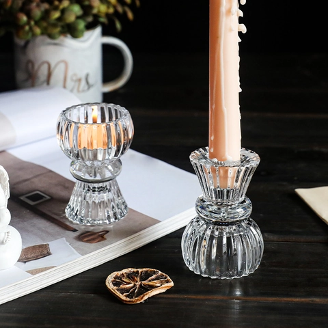 Ribbed Glass Candle Holder Retro Transparent Vertical Striped Skirt Shape Candle Cup Table Decoration For Home Wedding