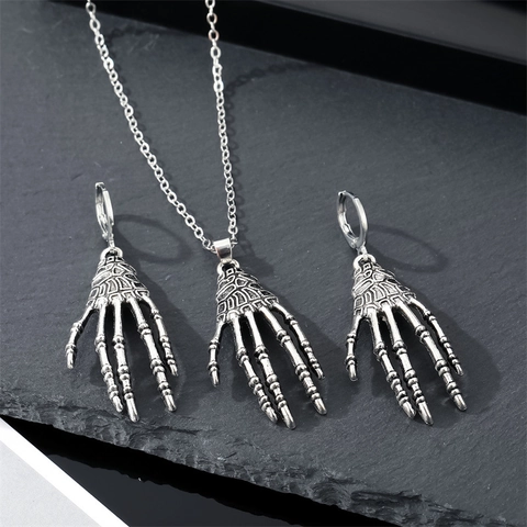 Skelethand Hanger Ketting En Oorbellen Gothic Punk Retro Vintage Legering Sieraden Voor Dames Heren Halloween Feest