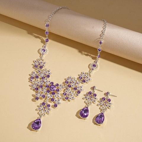 Gioielli Di Strass Vintage Collana E Orecchini Per Donna Ciondolo Goccia Acqua Viola Lega Floreale Lusso Festa Matrimonio
