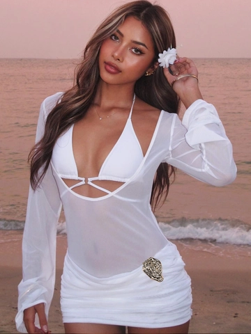 Sexy White Mesh Long Sleeve Cover Up Bikini Top And Ruched Mini Skirt Beach Vacation Outfits Women