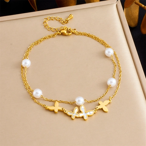 Butterfly Pendant Anklet Double Layer Gold Plated Stainless Steel With Artificial Pearls And Mother Of Artificial Pearl For Women