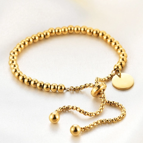 Bead Bracelet Stainless Steel 18K Gold Plated Adjustable Sliding Buckle Round Tag Pendant Minimalist Jewelry For Women