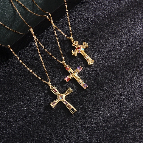 Titanium Steel Gold Plated Cross Necklace For Women Religious Vintage Colorful Zirconia Pendant Adjustable Clavicle Chain Jewelry