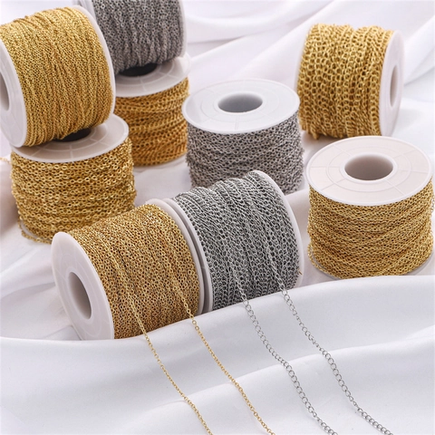 14K Gold Plated Jewelry Making Chains Bulk Spool For Necklace Bracelet DIY Craft Link O-Chain Cross Metal Material