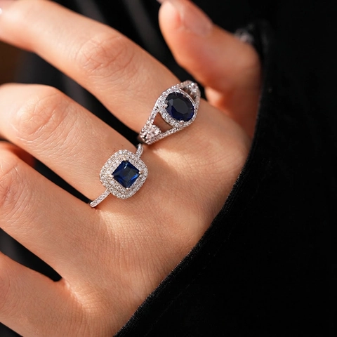 Adjustable Ring Copper Blue Zircon Geometric Open Design Elegant Luxury Sapphire Style Jewelry For Women Niche Gift