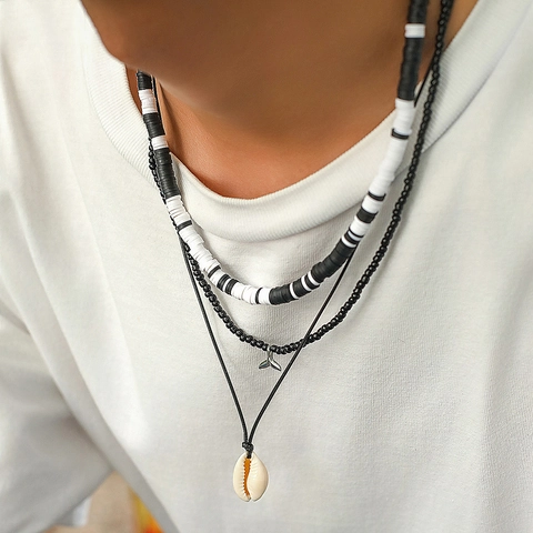 Men Bohemian Layered Necklaces Polymer Clay Heishi Beads Seed Beads With Shell Fishtail Pendants Beach Style Jewelry