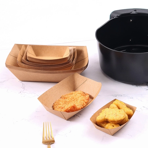 Barcas De Papel Kraft Desechables Bandejas Impermeables Resistentes A La Grasa Para Pollo Frito Patatas Fritas