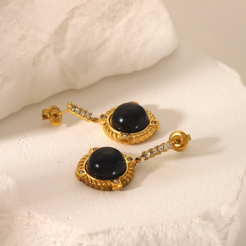 Französische Retro Obsidian Ohrringe 18K Vergoldeter Edelstahl Runde Strass Stecker Vintage Schmuck Damen